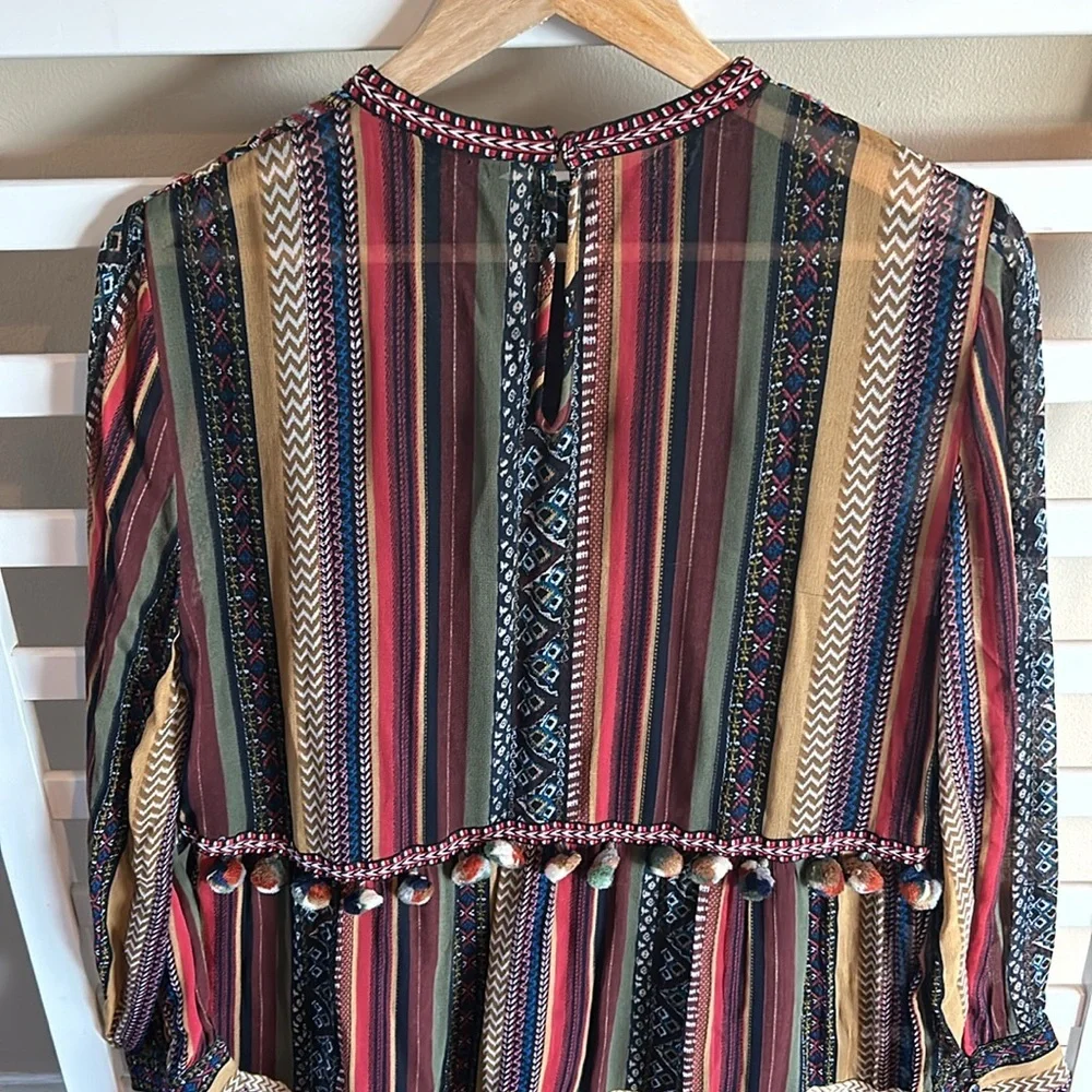 Zara Multicolor Pom Pom Trim Tiered Boho Maxi Dress Size Medium - Picture 8 of 16